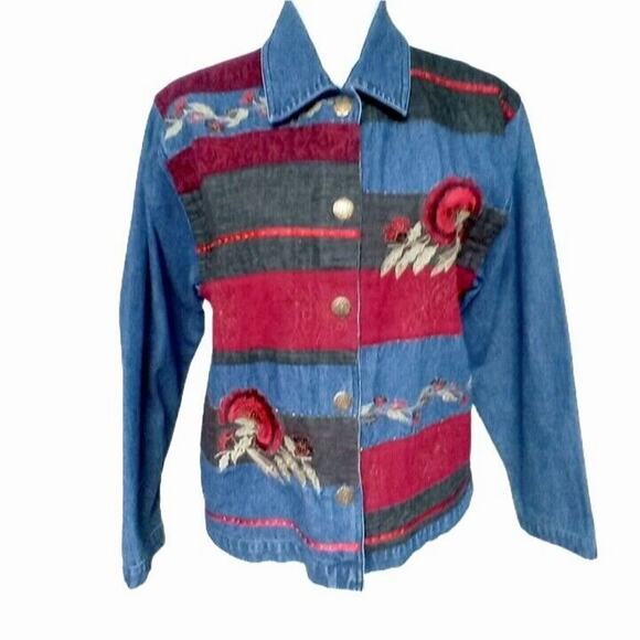 Vintage Womens Patchwork Jean Jacket Blazer Embroidered Red Black 90s Retro Coat - Picture 1 of 11